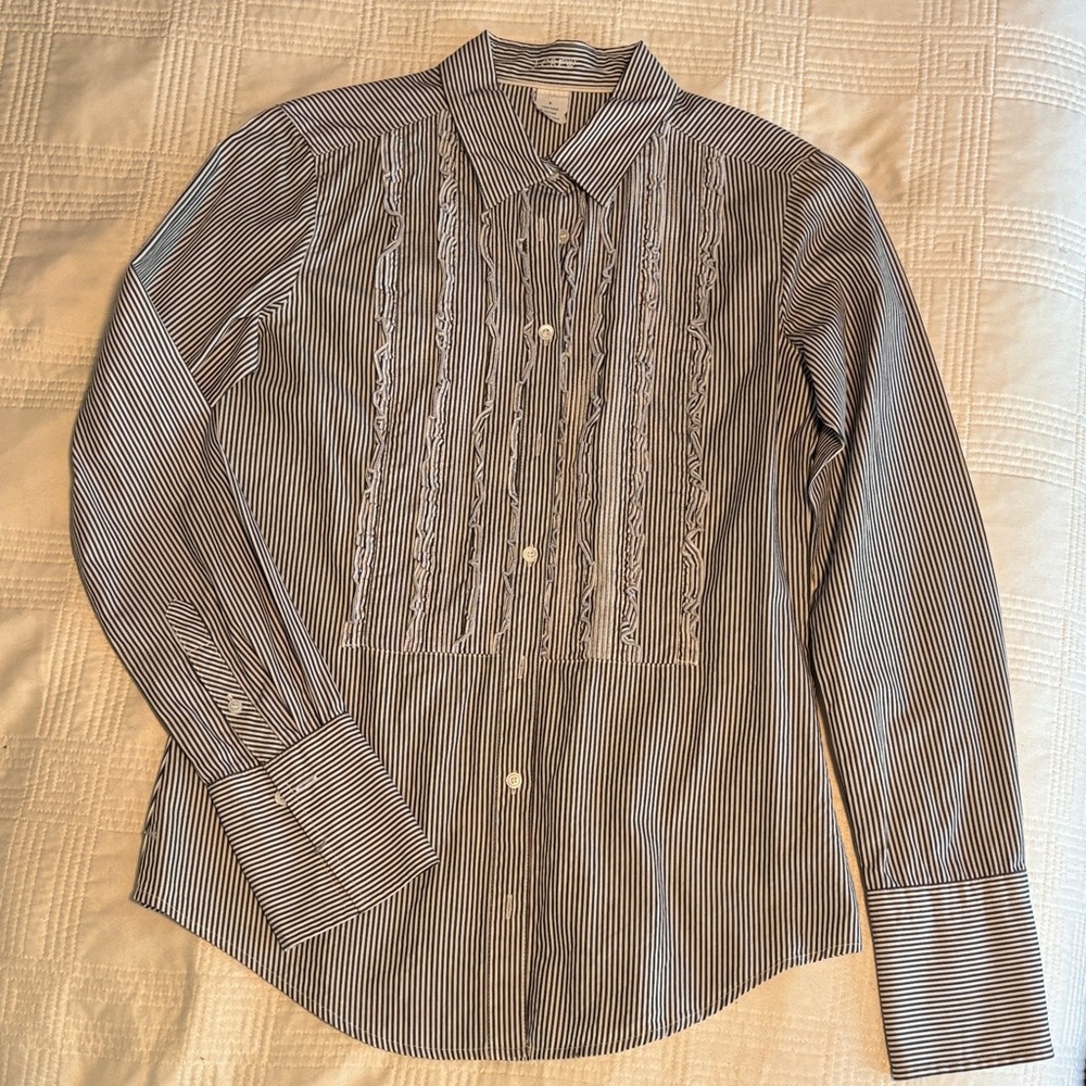 J. Crew Navy and White Ruffled Striped Shirt